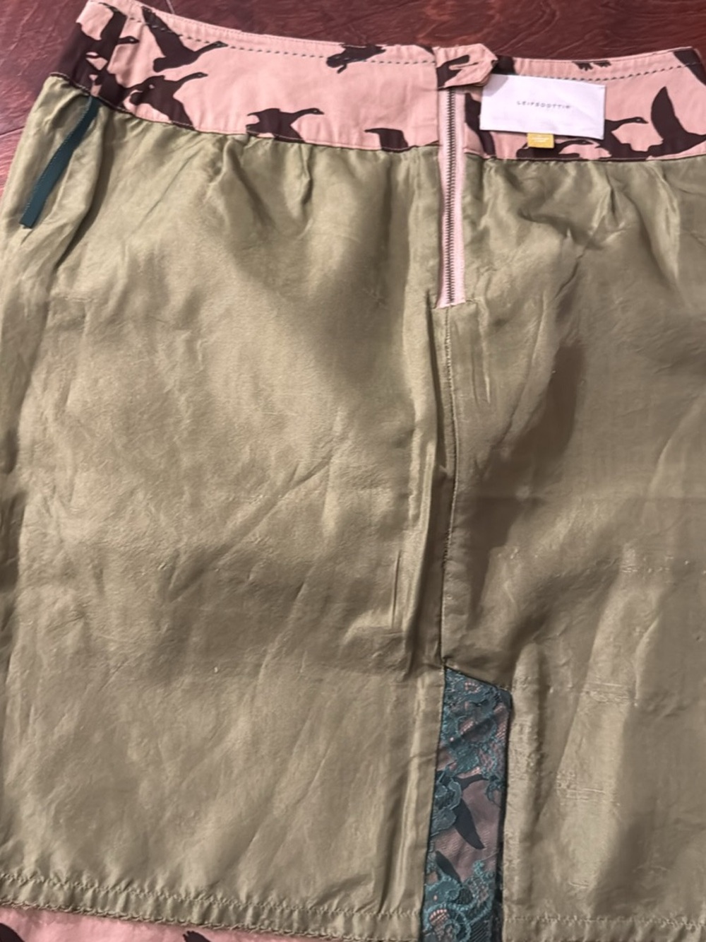 leifsdottir Beige Skirt with Dark Brown Bird Print & Green Lace Hem - Picture 7 of 7